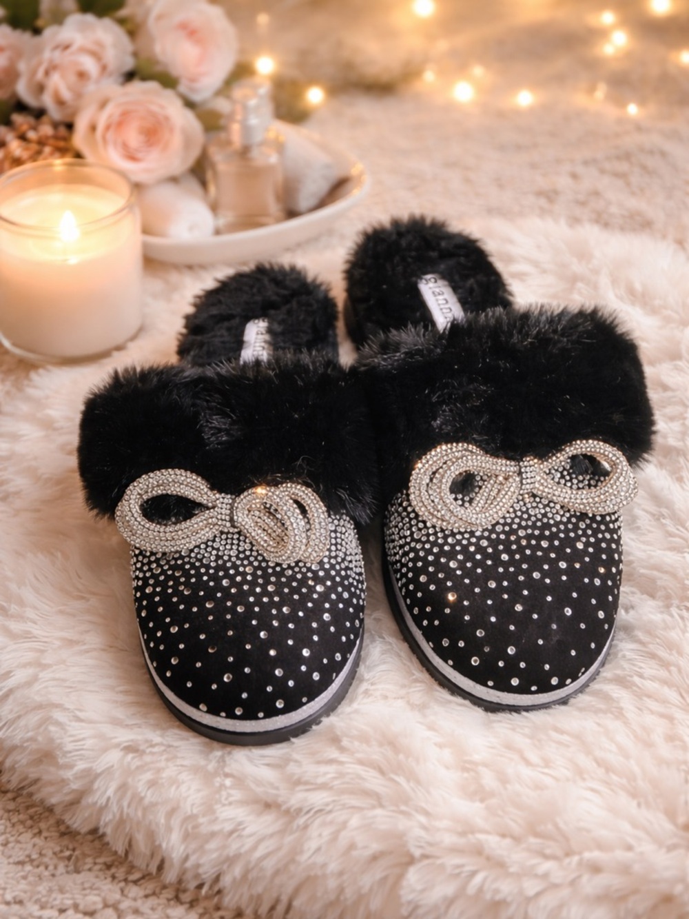 Gianni Bini Rhinestone Faux Fur Slippers – Black Glam Mule – NWOT